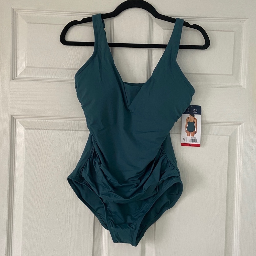 NWT Lands’ End Teal Womens SlenderSuit Grecian Low Leg One Piece UPF 50+ Size M - Picture 3 of 11